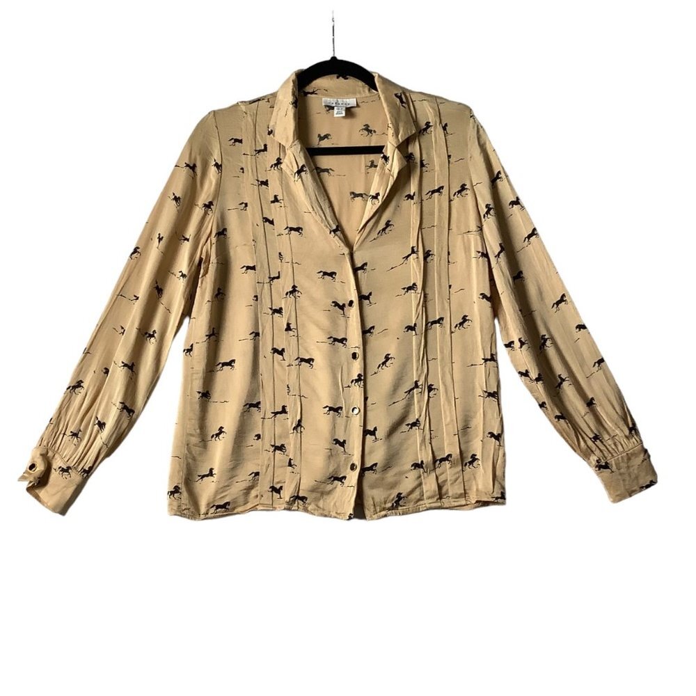 Topshop Beige Button-Front Blouse with Black Horse Print